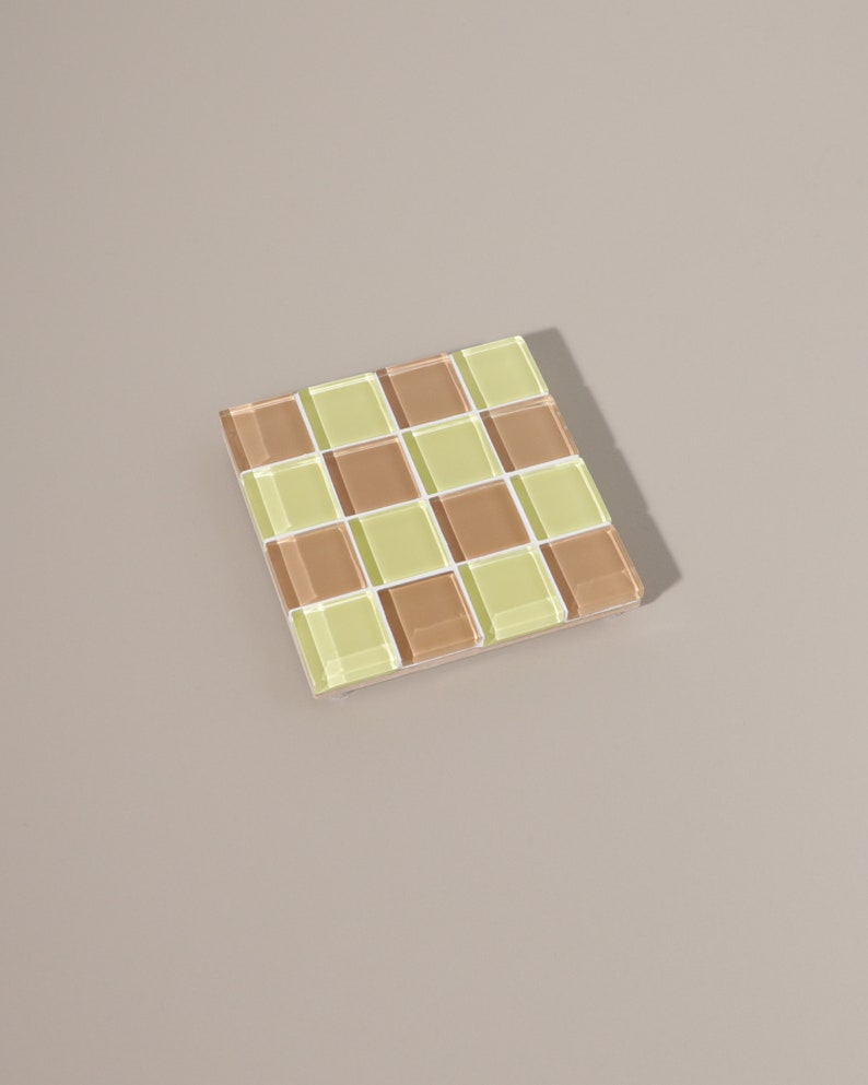 Checkered Glass Tile Coaster Handmade Drink Coaster Square Coaster Housewarming Gift Gift for Her Gift for Him Valentine Gift 3 Yellow & Beige