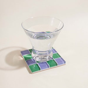 Checkered Glass Tile Coaster Handmade Drink Coaster Square Coaster Housewarming Gift Gift for Her Gift for Him Valentine Gift 3 Dark Green & Purple