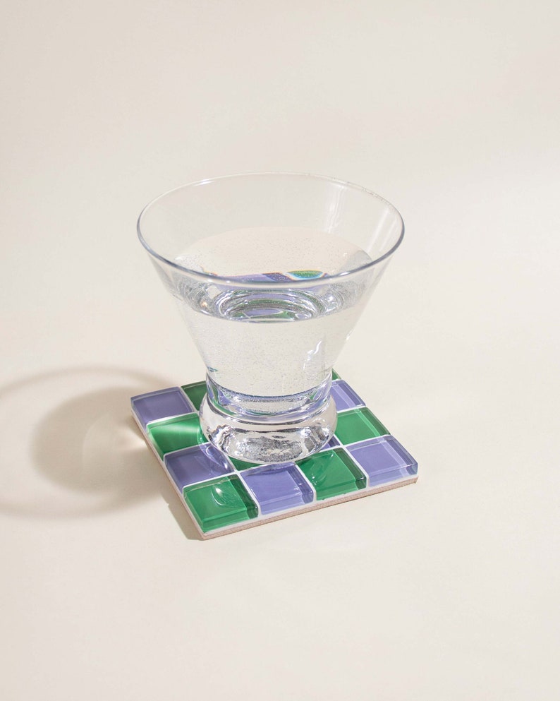 Checkered Glass Tile Coaster Handmade Drink Coaster Square Coaster Housewarming Gift Gift for Her Gift for Him Valentine Gift 3 Dark Green & Purple