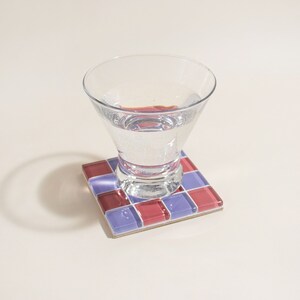Checkered Glass Tile Coaster Handmade Drink Coaster Square Coaster Housewarming Gift Gift for Her Gift for Him Valentine Gift 3 Dark Pink & Purple