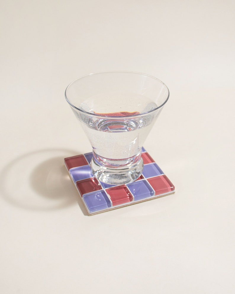 Checkered Glass Tile Coaster Handmade Drink Coaster Square Coaster Housewarming Gift Gift for Her Gift for Him Valentine Gift 3 Dark Pink & Purple