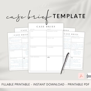 May include: A collection of white Case Brief templates with a black pen. The templates are designed with sections for citation, issue, facts, rule of law, arguments, and notes. The words "Case Brief Template" are at the top. The bottom of the image says "Fillable Printable - Instant Download - Printable PDF".