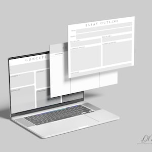 Puede incluir: Un ordenador port&aacute;til con un fondo blanco. La pantalla muestra un planificador digital con las palabras "Concepto" y "Esquema de ensayo". El planificador est&aacute; dividido en secciones para diferentes partes de un ensayo, como "Argumento 1", "Argumento 2", "Apoyo", "Conclusi&oacute;n", "Hechos", "Asuntos", "Regla de derecho", "Elementos y an&aacute;lisis", y "Volcado de asuntos".