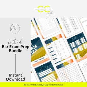 May include: A collection of printable bar exam study materials. The bundle includes a study planner, weekly planner, and MBE score tracker. The design features a modern aesthetic with navy, gold, and peach accents. The text "Ultimate Bar Exam Prep Bundle" is displayed.