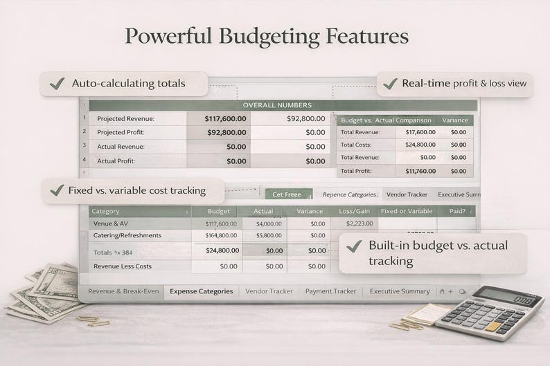 K&ouml;nnte beinhalten: Eine digitale Tabellenkalkulation mit dem Text &bdquo;Leistungsstarke Budgetierungsfunktionen&ldquo;. Die Tabellenkalkulation zeigt Finanzdaten an, einschlie&szlig;lich Umsatz, Gewinn und Kostenverfolgung. Ein Taschenrechner, Bargeld und B&uuml;roklammern befinden sich im Vordergrund.