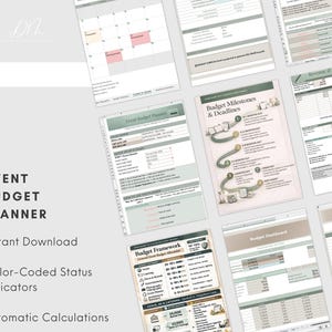K&ouml;nnte beinhalten: Ein digitaler Event-Budgetplaner mit mehreren Seiten, darunter ein Kalender, Budgetmeilensteine und ein Budget-Dashboard. Der Planer verf&uuml;gt &uuml;ber farbcodierte Statusindikatoren und automatische Berechnungen. Der Text auf dem Bild lautet "Event Budget Planner".