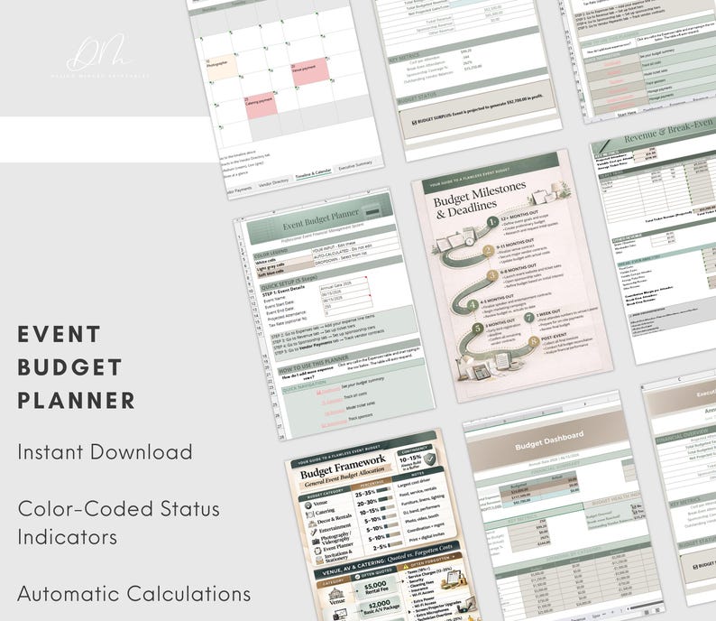 K&ouml;nnte beinhalten: Ein digitaler Event-Budgetplaner mit mehreren Seiten, darunter ein Kalender, Budgetmeilensteine und ein Budget-Dashboard. Der Planer verf&uuml;gt &uuml;ber farbcodierte Statusindikatoren und automatische Berechnungen. Der Text auf dem Bild lautet "Event Budget Planner".