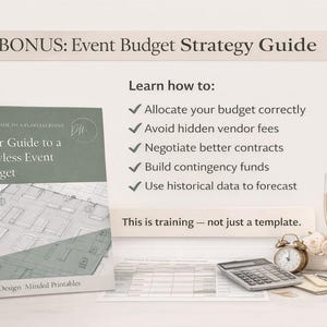 K&ouml;nnte beinhalten: Ein Eventplanungs-Guide mit dem Titel "Your Guide to a Flawless Event Budget" wird gezeigt, zusammen mit einem Taschenrechner, Sektgl&auml;sern und dem Text "BONUS: Event Budget Strategy Guide".
