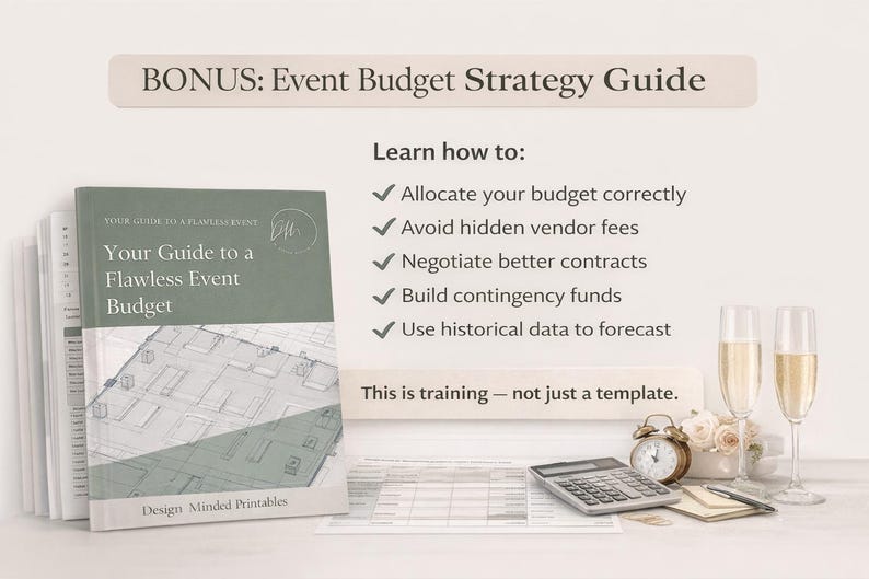 K&ouml;nnte beinhalten: Ein Eventplanungs-Guide mit dem Titel "Your Guide to a Flawless Event Budget" wird gezeigt, zusammen mit einem Taschenrechner, Sektgl&auml;sern und dem Text "BONUS: Event Budget Strategy Guide".