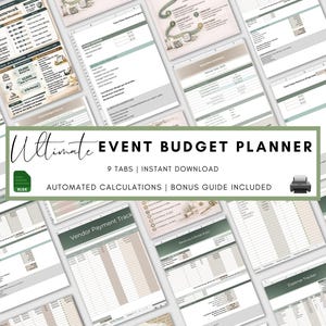 K&ouml;nnte beinhalten: Ein Event-Budgetplaner mit mehreren Tabs, darunter ein Budgetrahmen und ein Ausgaben-Tracker. Der Planer enth&auml;lt automatisierte Berechnungen und einen Bonus-Leitfaden. Der Titel "Ultimate Event Budget Planner" wird angezeigt. Sofortiger Download.