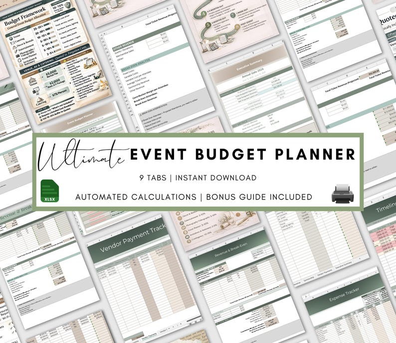 K&ouml;nnte beinhalten: Ein Event-Budgetplaner mit mehreren Tabs, darunter ein Budgetrahmen und ein Ausgaben-Tracker. Der Planer enth&auml;lt automatisierte Berechnungen und einen Bonus-Leitfaden. Der Titel "Ultimate Event Budget Planner" wird angezeigt. Sofortiger Download.