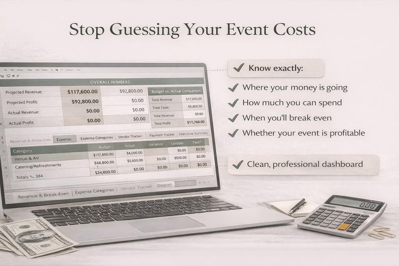 K&ouml;nnte beinhalten: Ein Laptop mit Veranstaltungsdaten, daneben ein Taschenrechner, Notizblock und Bargeld. Der Text lautet "Stop Guessing Your Event Costs" und listet Schl&uuml;sselfunktionen auf, wie z. B. genau zu wissen, wohin das Geld flie&szlig;t.