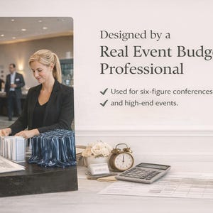K&ouml;nnte beinhalten: Eine professionelle Eventplanerin arbeitet an einem Schreibtisch mit Laptop, Taschenrechner und Dokumenten. Der Text lautet "Entworfen von einem echten Event-Budget-Profi" und "Verwendet f&uuml;r sechsstellige Konferenzen und High-End-Events."
