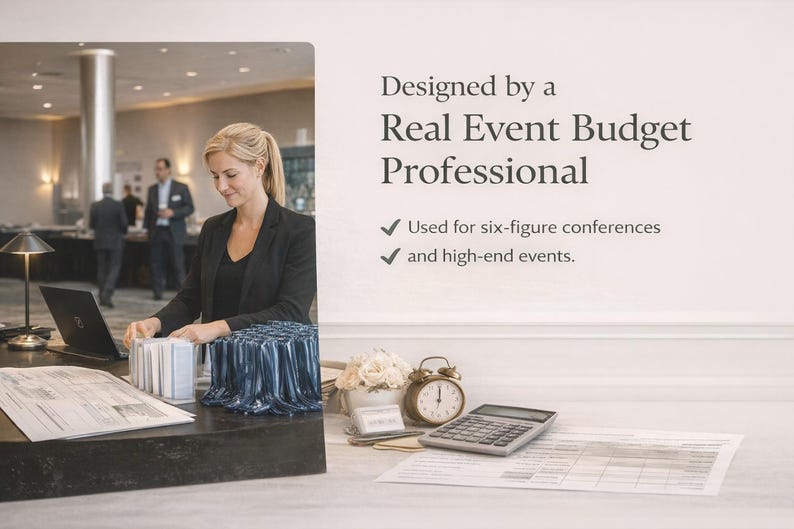 K&ouml;nnte beinhalten: Eine professionelle Eventplanerin arbeitet an einem Schreibtisch mit Laptop, Taschenrechner und Dokumenten. Der Text lautet "Entworfen von einem echten Event-Budget-Profi" und "Verwendet f&uuml;r sechsstellige Konferenzen und High-End-Events."
