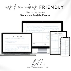 Może przedstawiać: Cyfrowa makieta produktu z szablonem notatki z sprawy wyświetlanym na laptopie, komputerze stacjonarnym, tablecie i smartfonie. Tekst brzmi "ios & windows FRIENDLY" i "Use on any device Computers, Tablets, Phones". Projekt zawiera logo.