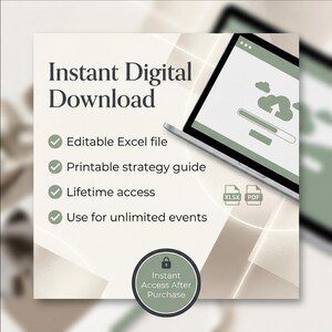 K&ouml;nnte beinhalten: Bild, das einen sofortigen digitalen Download bewirbt. Der Text lautet "Sofortiger digitaler Download" mit Funktionen wie einer bearbeitbaren Excel-Datei und lebenslangem Zugriff. Ein Laptop zeigt eine Cloud-Upload-Grafik.