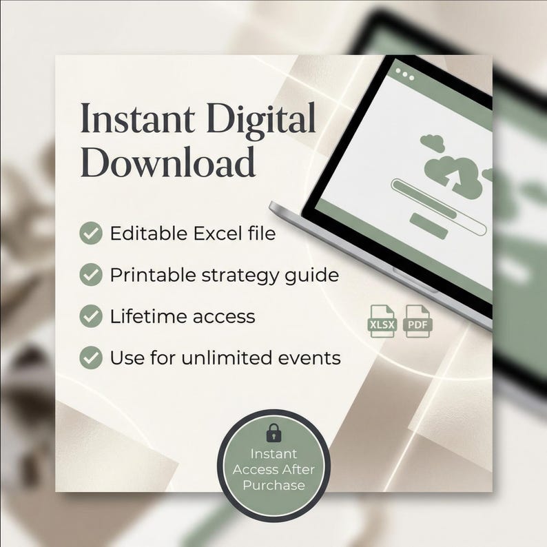 K&ouml;nnte beinhalten: Bild, das einen sofortigen digitalen Download bewirbt. Der Text lautet "Sofortiger digitaler Download" mit Funktionen wie einer bearbeitbaren Excel-Datei und lebenslangem Zugriff. Ein Laptop zeigt eine Cloud-Upload-Grafik.