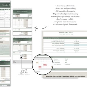 K&ouml;nnte beinhalten: Eine Sammlung von Finanz-Tabellen mit Datentabellen und Diagrammen. Die Tabellen umfassen Abschnitte f&uuml;r Lieferantendetails, Einnahmen und Event-Budgetierung. Das Bild enth&auml;lt auch einen Finanz&uuml;berblick f&uuml;r die Veranstaltung "Annual Gala 2026" mit prognostizierten Teilnehmer- und Umsatzzahlen.