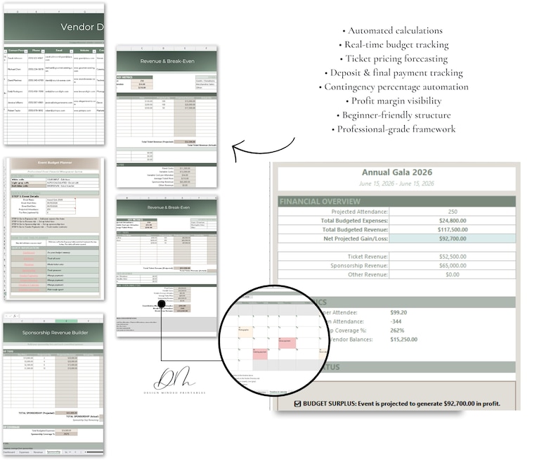 K&ouml;nnte beinhalten: Eine Sammlung von Finanz-Tabellen mit Datentabellen und Diagrammen. Die Tabellen umfassen Abschnitte f&uuml;r Lieferantendetails, Einnahmen und Event-Budgetierung. Das Bild enth&auml;lt auch einen Finanz&uuml;berblick f&uuml;r die Veranstaltung "Annual Gala 2026" mit prognostizierten Teilnehmer- und Umsatzzahlen.