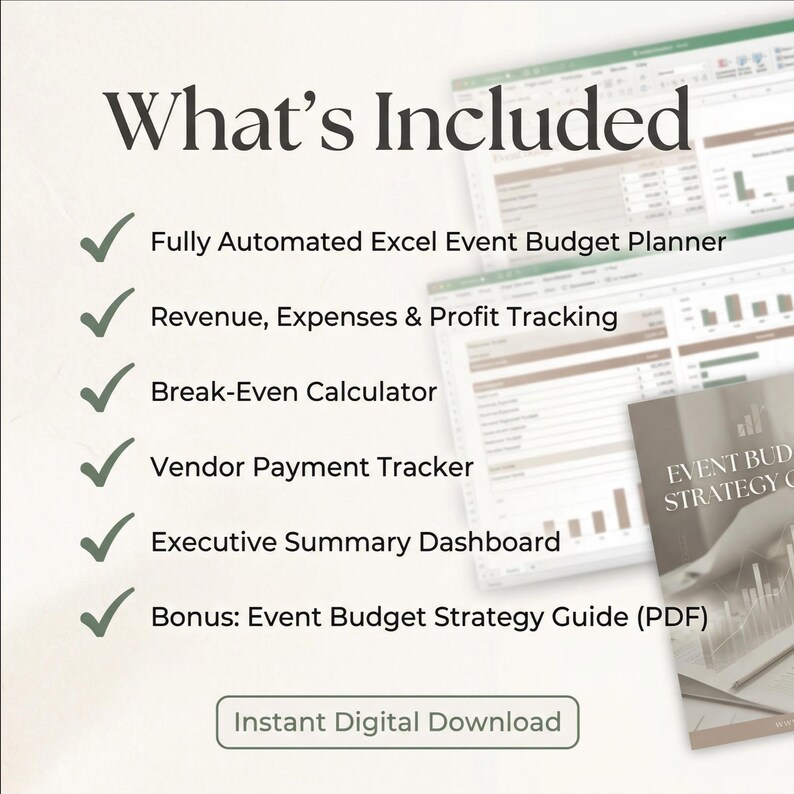 K&ouml;nnte beinhalten: Bild eines digitalen Event-Budgetplaners. Der Text "What's Included" wird angezeigt, gefolgt von Funktionen wie einem Excel-Planer, Umsatzverfolgung und einem Break-Even-Rechner. Sofortiger digitaler Download verf&uuml;gbar.