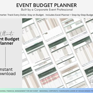 K&ouml;nnte beinhalten: Ein Event-Budgetplaner mit dem Text "Event Budget Planner" und "Instant Download". Der Planer enth&auml;lt einen Excel-Planer und eine Schritt-f&uuml;r-Schritt-Budgetanleitung. Der Hintergrund zeigt mehrere Tabellenkalkulationen mit Finanzdaten.