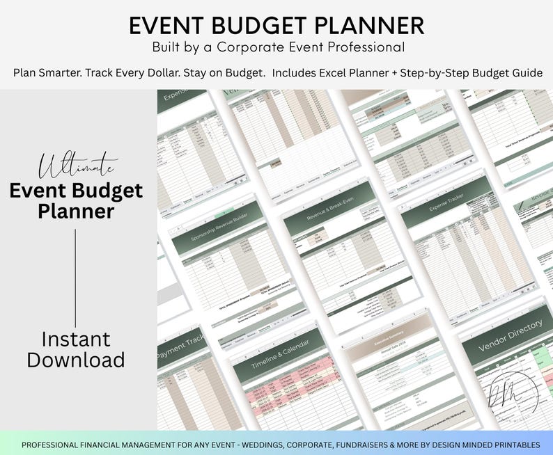 K&ouml;nnte beinhalten: Ein Event-Budgetplaner mit dem Text "Event Budget Planner" und "Instant Download". Der Planer enth&auml;lt einen Excel-Planer und eine Schritt-f&uuml;r-Schritt-Budgetanleitung. Der Hintergrund zeigt mehrere Tabellenkalkulationen mit Finanzdaten.
