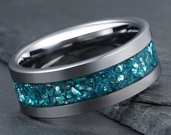 Blue Aquamarine Ring, Silver Tungsten Ring, Mens Wedding Ring, Womens Wedding Band, Anniversary Ring, Engagement Ring, Promise Ring, 4mm 8mm