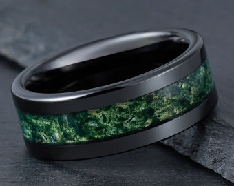 Green Moss Agate Ring, Black Tungsten Ring, Mens Wedding Ring, Womens Wedding Band, Anniversary Ring, Engagement Ring, Promise Ring, 4mm 8mm