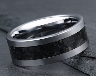 Black Obsidian Ring, Silver Tungsten Ring, Mens Wedding Ring, Womens Wedding Band, Anniversary Ring, Engagement Ring Statement Ring, 4mm 8mm