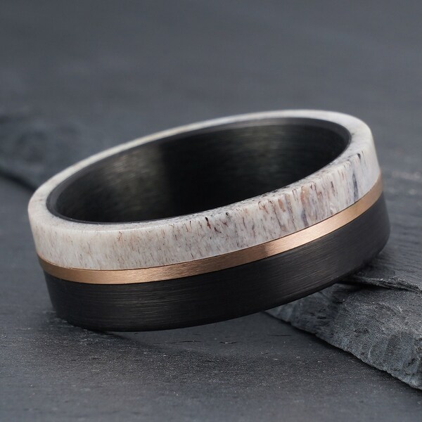 Deer Antler Ring, Black & Rose Gold Strip Ring, Black Wedding Band, Tungsten Ring, Mens Ring, Man Ring, 8mm Ring, Gift for Him