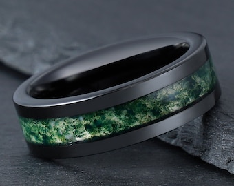 Green Moss Agate Ring, Black Tungsten Ring, Mens Wedding Ring, Womens Wedding Band, Anniversary Ring, Engagement Ring, Promise Ring, 4mm 8mm