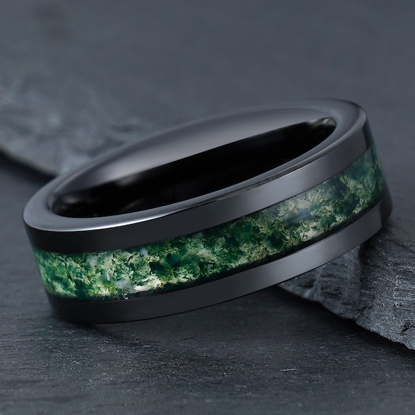 Green Moss Agate Ring, Black Tungsten Ring, Mens Wedding Ring, Womens Wedding Band, Anniversary Ring, Engagement Ring, Promise Ring, 4mm 8mm