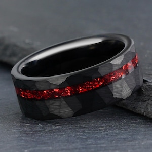 Hammered Ruby Ring, Black Tungsten Ring, Mens Wedding Ring, Mens Wedding Band, Anniversary Ring, Engagement Ring, Promise Ring, 8mm Ring