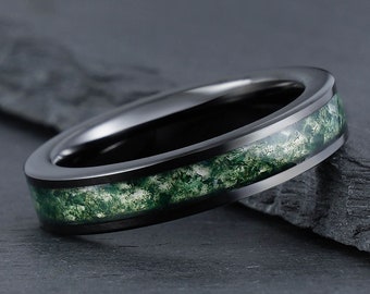 Anello in agata muschiata verde, anello in tungsteno nero, fede nuziale da uomo, fede nuziale da donna, anello di anniversario, anello di fidanzamento, anello di promessa, 4 mm 8 mm