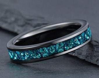Blue Aquamarine Ring, Black Tungsten Ring, Mens Wedding Ring, Womens Wedding Band, Anniversary Ring, Engagement Ring, Promise Ring, 4mm 8mm