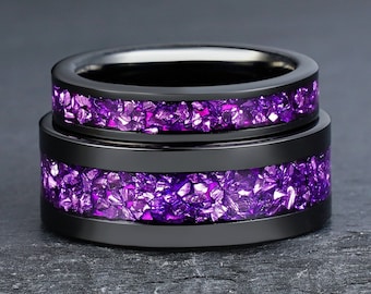 Purple Amethyst Ring Set, Black Tungsten Ring, His and Hers Wedding Ring, Wedding Band Set, Couples Ring, His and Hers Ring, 4mm 8mm Ring