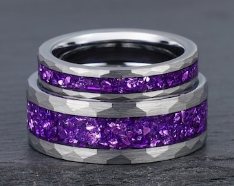 Gehämmerter Amethyst-Ring-Set, Silber-Wolfram-Ring, Ehering für Sie und Ihn, Ehering-Set, Paarring, Ring für Sie und Ihn, 4-mm-8-mm-Ring