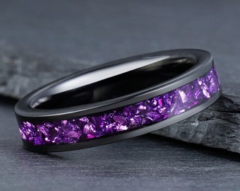 Lila Amethyst Ring, Wolframring Schwarz, Herrenring, Ehering, Jubiläumsring, Verlobungsring, Versprechensring, 4mm 8mm