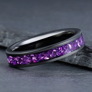 Purple Amethyst Ring, Black Tungsten Ring, Mens Wedding Ring, Womens Wedding Band, Anniversary Ring, Engagement Ring, Promise Ring, 4mm 8mm