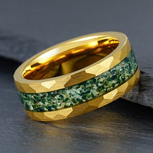 Moss Agate Ring, Hammered Gold Tungsten Ring, Mens Wedding Ring, Womens Wedding Band, Anniversary Ring, Engagement Ring, 4mm 8mm Ring