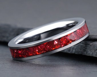 Red Ruby Ring, Silver Tungsten Ring, Mens Wedding Ring, Womens Wedding Band, Anniversary Ring, Engagement Ring, Promise Ring, 4mm 8mm