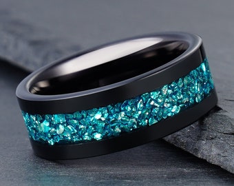 Blue Aquamarine Ring, Black Tungsten Ring, Mens Wedding Ring, Womens Wedding Band, Anniversary Ring, Engagement Ring, Promise Ring, 4mm 8mm