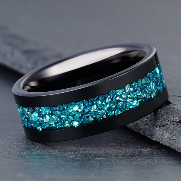 Bague aigue-marine bleue, bague en tungstène noir, alliance pour homme, alliance pour femme, bague d'anniversaire, bague de fiançailles, bague de promesse, 4 mm 8 mm