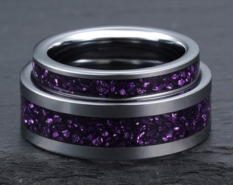 Purple Amethyst Ring Set, Silver Tungsten Ring, His and Hers Wedding Ring, Wedding Band Set, Couples Ring, His and Hers Ring, 4mm 8mm Ring