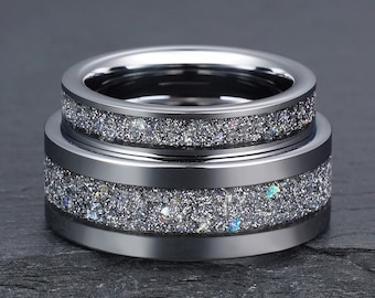 Rainbow Moonstone Ring Set, Silver Tungsten Ring, His and Hers Wedding Ring, Wedding Band Set, Couples Ring, His and Hers Ring, 4mm 8mm Ring