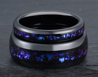 Nebula Ring Set, Black Tungsten Ring, Outer Space Ring, His & Her Wedding Ring Set, Mens and Womens Wedding Band, Anniversary Gift, 4mm 8mm