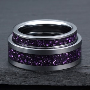 Purple Amethyst Ring Set, Silver Tungsten Ring, His and Hers Wedding Ring, Wedding Band Set, Couples Ring, His and Hers Ring, 4mm 8mm Ring