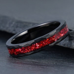 Hammered Ruby Ring, Black Tungsten Ring, Mens Wedding Ring, Womens Wedding Band, Anniversary Ring, Engagement Ring, Promise Ring, 4mm 8mm
