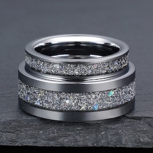 Tungsten and Moonstone Wedding Band Set, Matching Moonstone