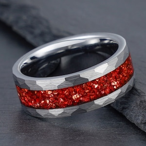Hammered Ruby Ring, Silver Tungsten Ring, Mens Wedding Ring, Womens Wedding Band, Anniversary Ring, Engagement Ring, Promise Ring, 4mm 8mm